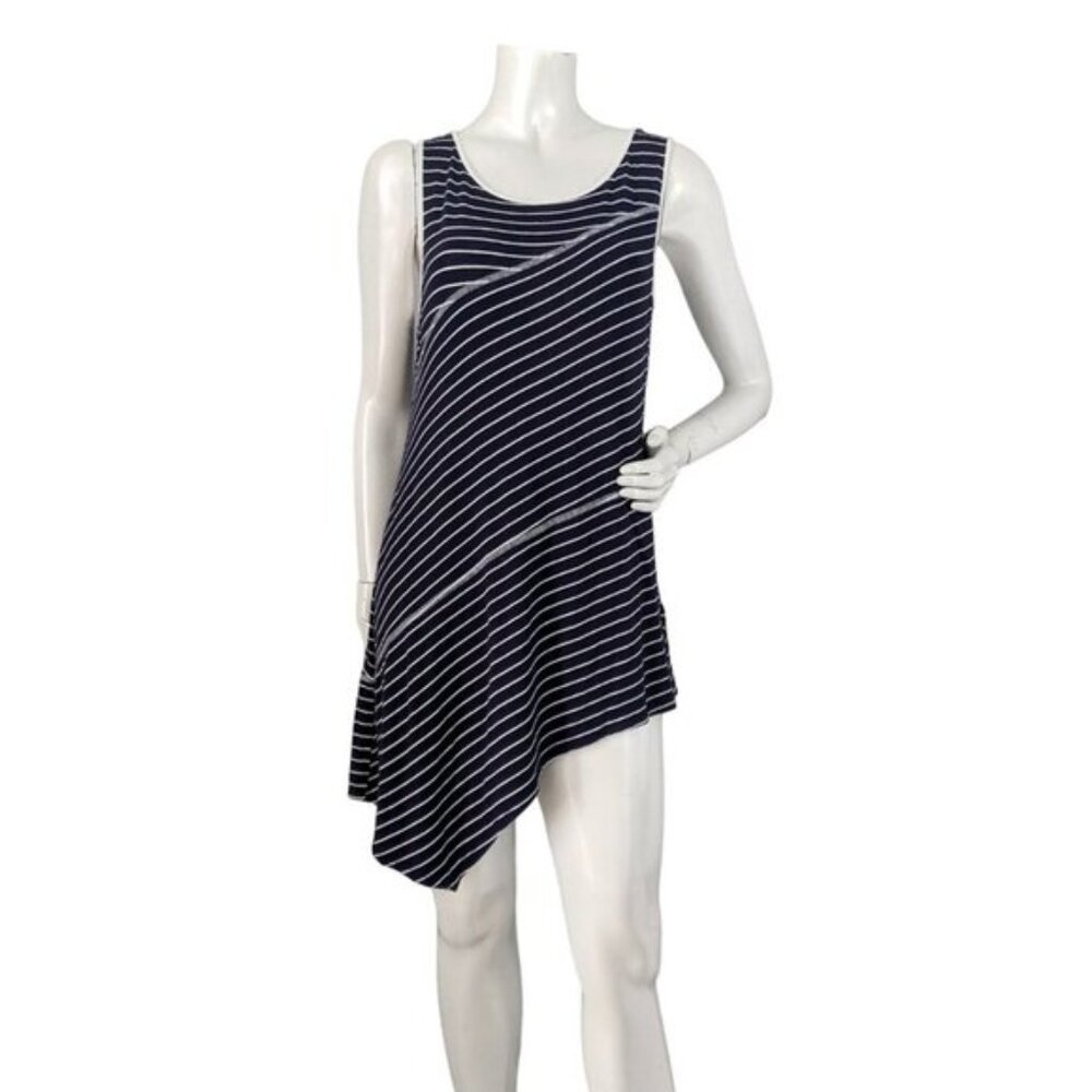 Cable Gauge Striped Asymmetrical Tunic Stretch Sleeveless Blouse Navy White - Picture 7 of 7